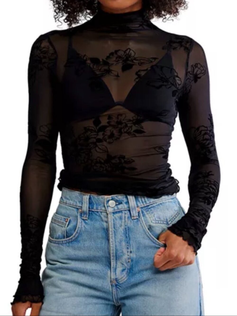 Free People Black Sheer Long Sleeve Top